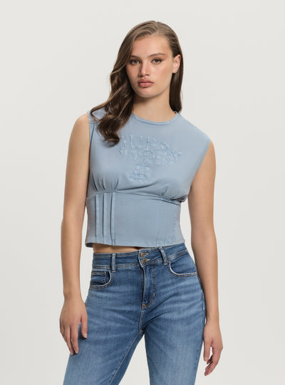 GUESS Womens Blue Nautical Logo Corset Tops W5GI22K49A1 Front View