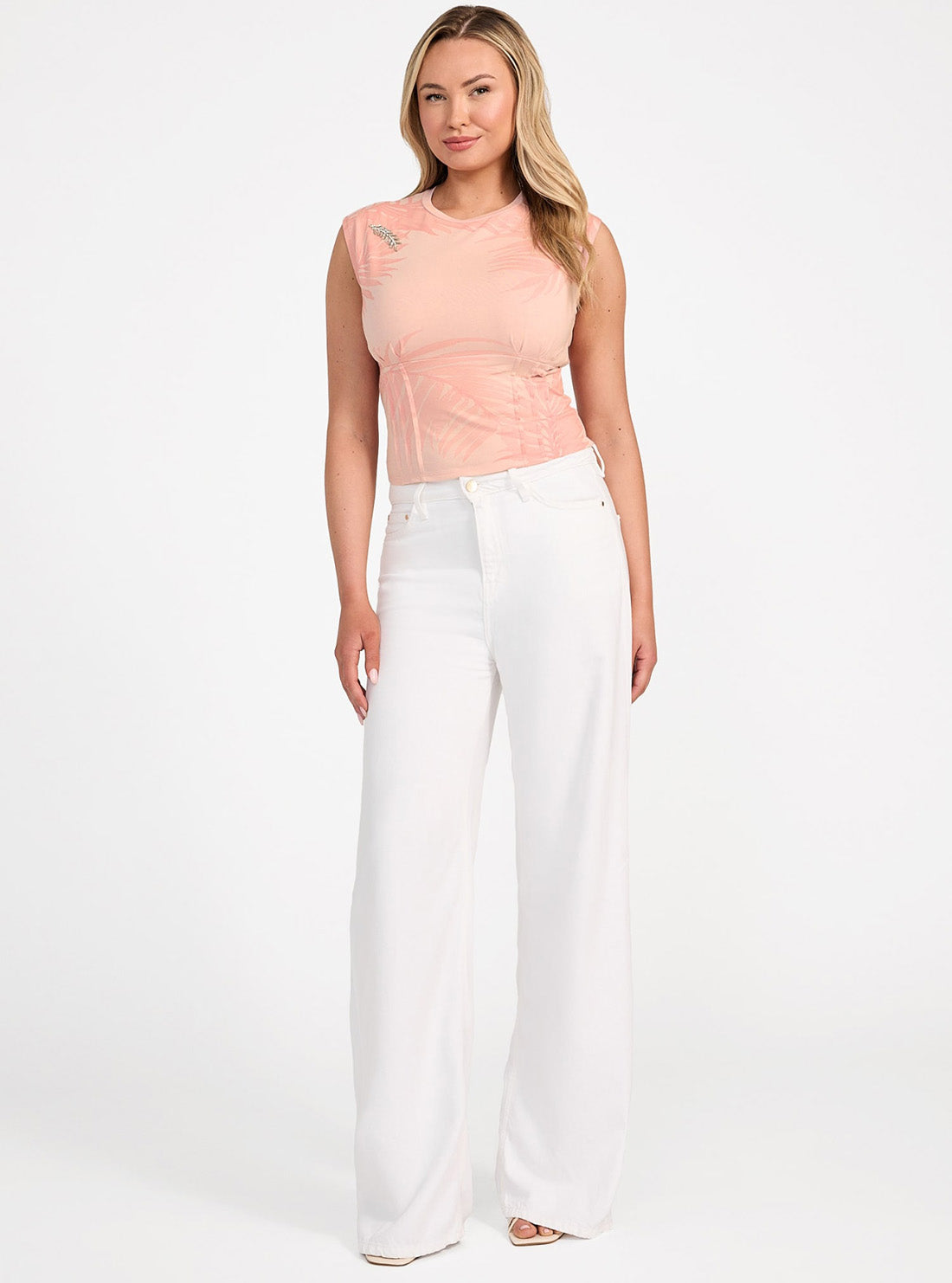 GUESS Womens Eco Pink Palm Leaf Corset T-Shirt W5GI61K49A1 Full View