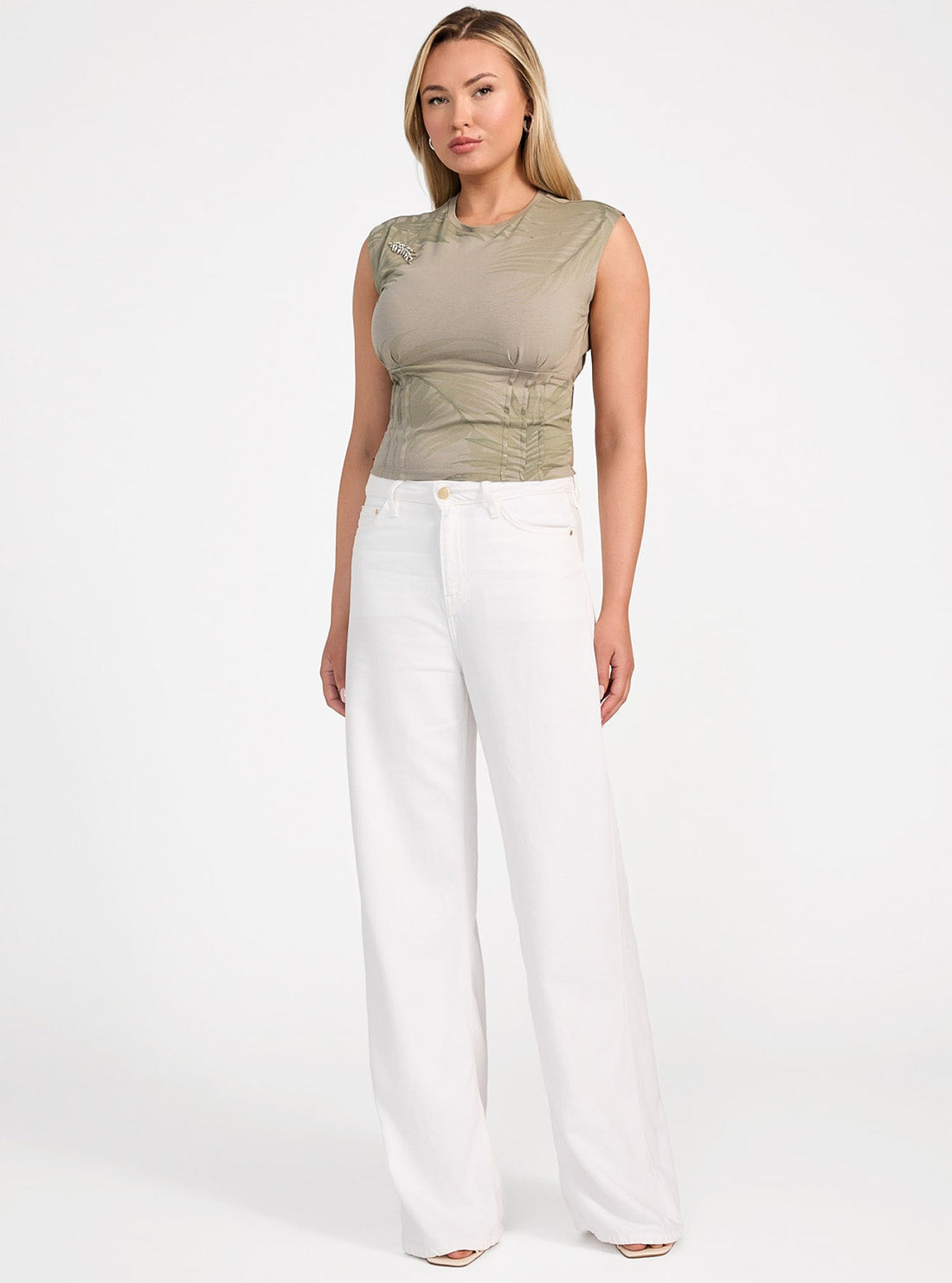 GUESS Womens Eco Green Palm Leaf Corset T-Shirt W5GI61K49A1 Full View
