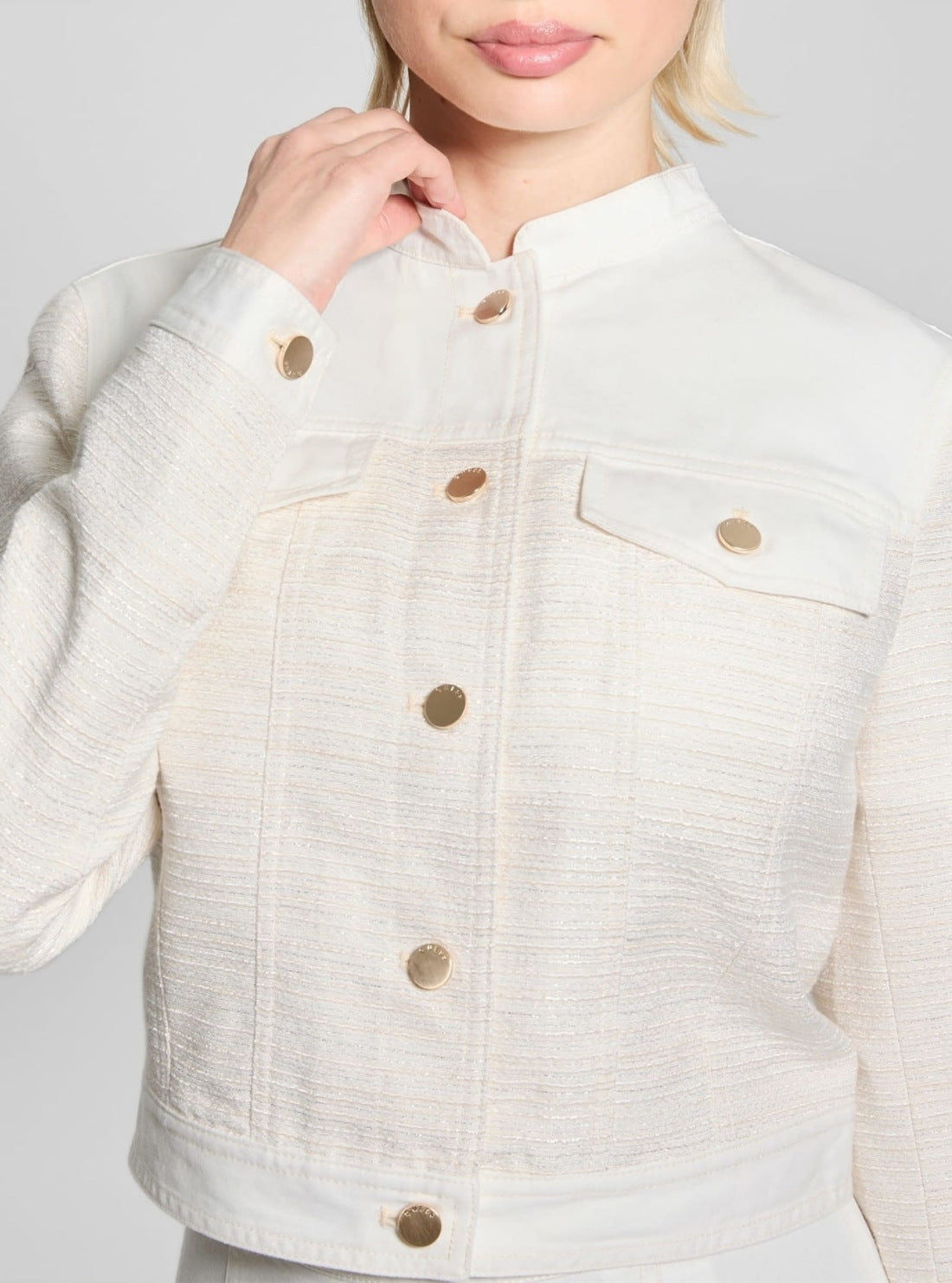 GUESS Womens White Elsie Tweed Denim Jacket W5GL23WH610 Detail View