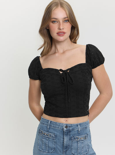 GUESS Womens Black Eliane Puffed Cropped Top W5GP13KCVA1 Front View