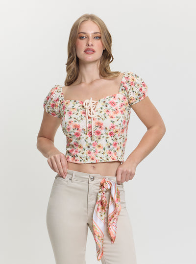 GUESS Womens Floral Print Eliane Puffed Cropped Top W5GP13KCVA1 Front View