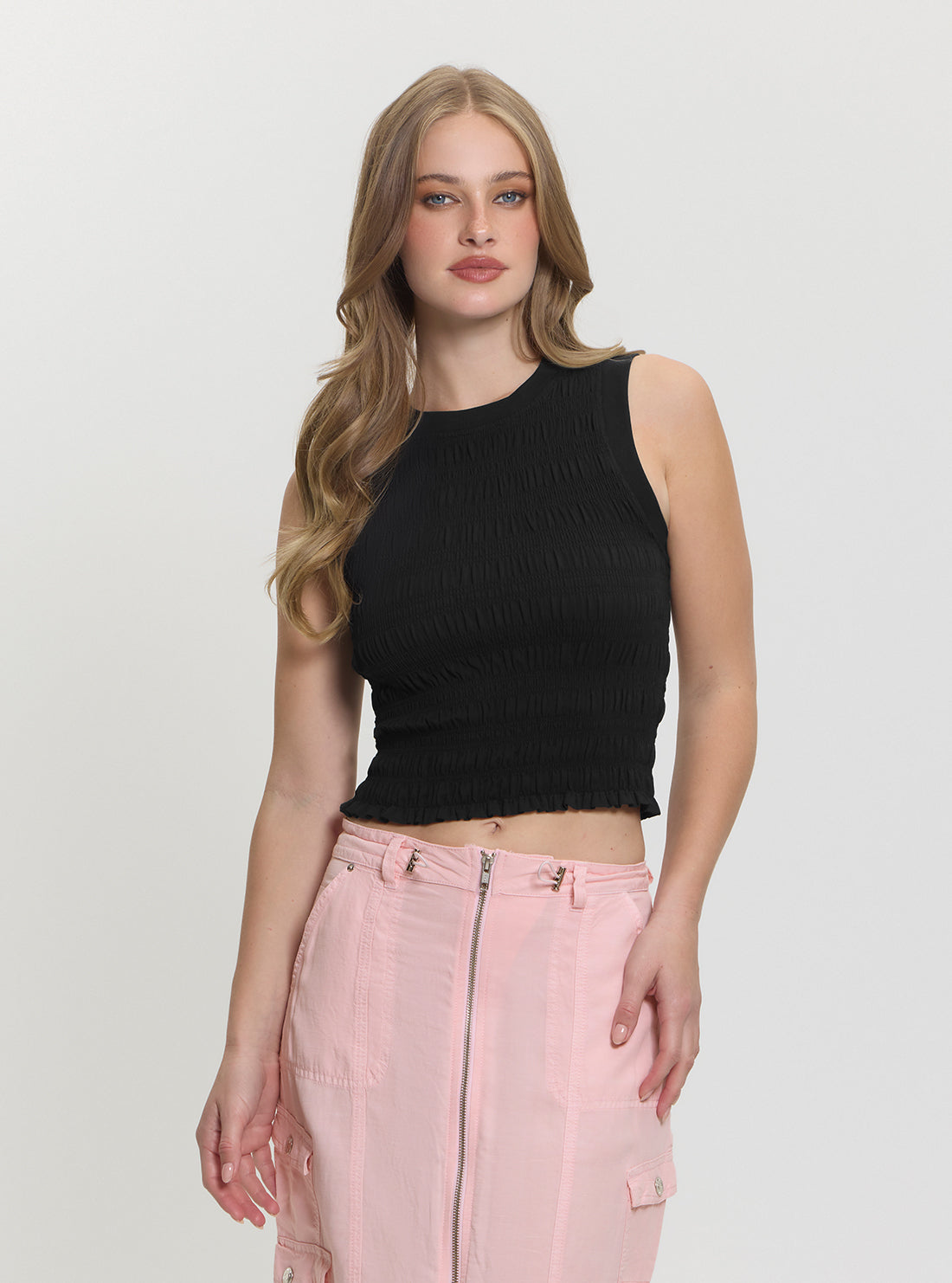 GUESS Womens Black Claire Smock Tank Top W5GP17KCSA2 Front View_2