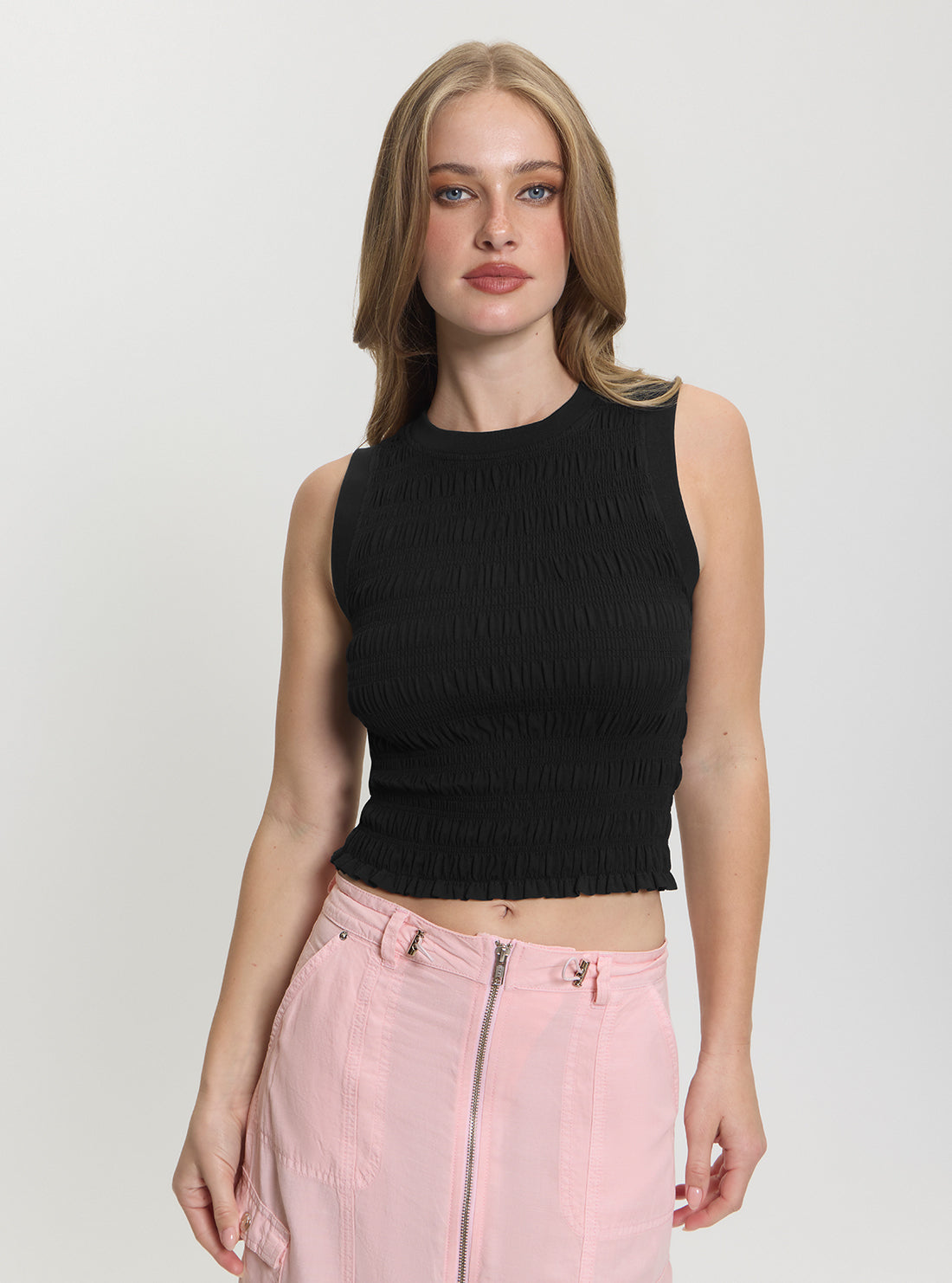 GUESS Womens Black Claire Smock Tank Top W5GP17KCSA2 Front View