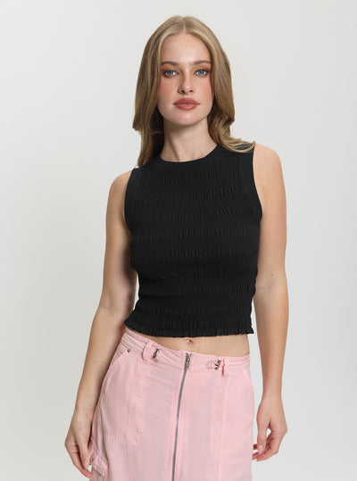 GUESS Womens Black Claire Smock Tank Top W5GP17KCSA2 Front View