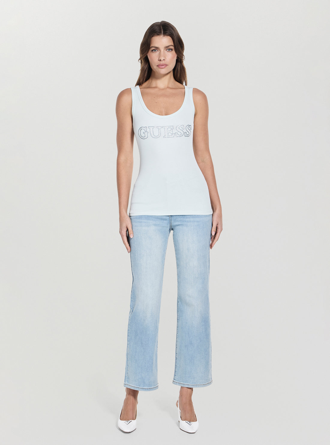 GUESS Womens White Embellished Logo Tank Top W5GP29KA0H1 Full View