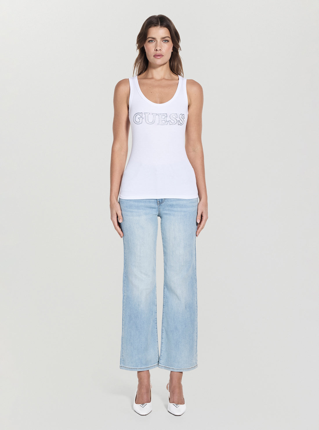 GUESS Womens White Embellished Logo Tank Top W5GP29KA0H1 Full View