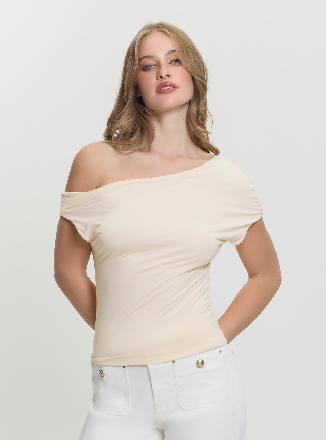 GUESS Womens Beige Dolman Off-Shoulder Miraya Top W5GP46KACM2 Front View