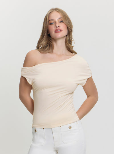 GUESS Womens Beige Dolman Off-Shoulder Miraya Top W5GP46KACM2 Front View