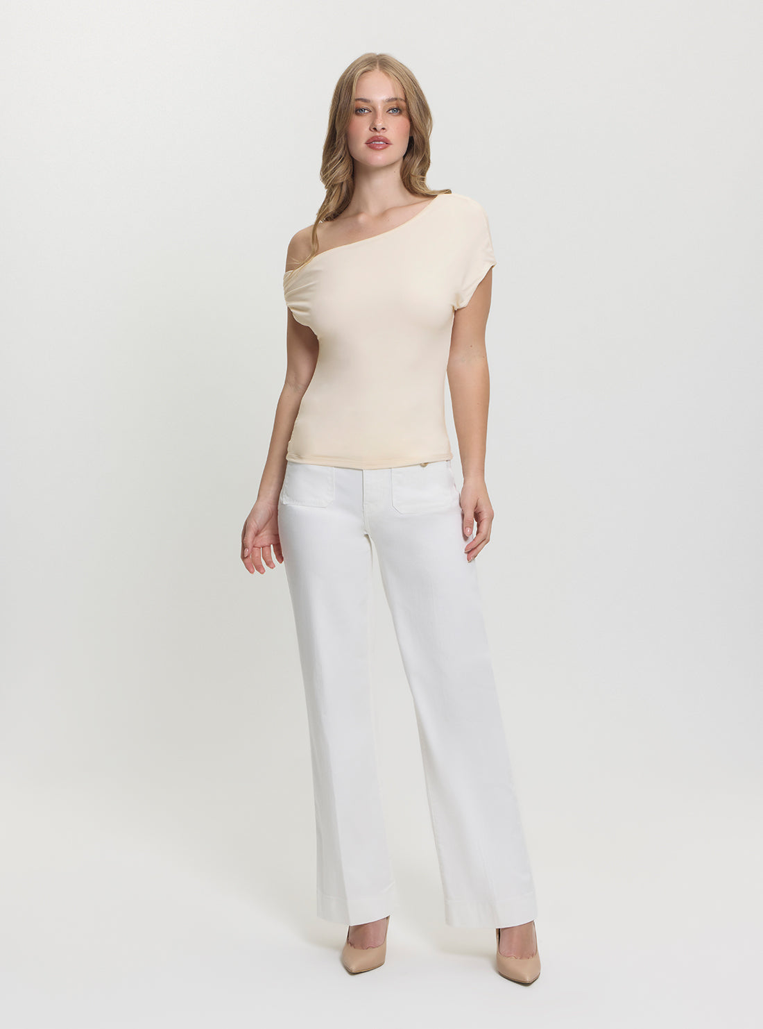 GUESS Womens Beige Dolman Off-Shoulder Miraya Top W5GP46KACM2 Full View