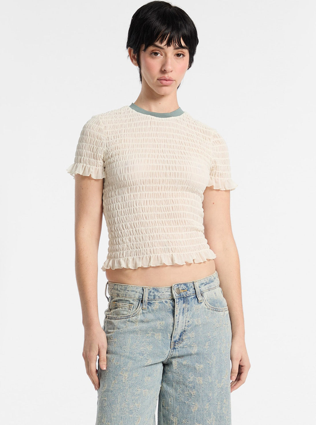 Guess Original Beige Go Smocked Mesh Tee W5GP51KBBF2 Front View