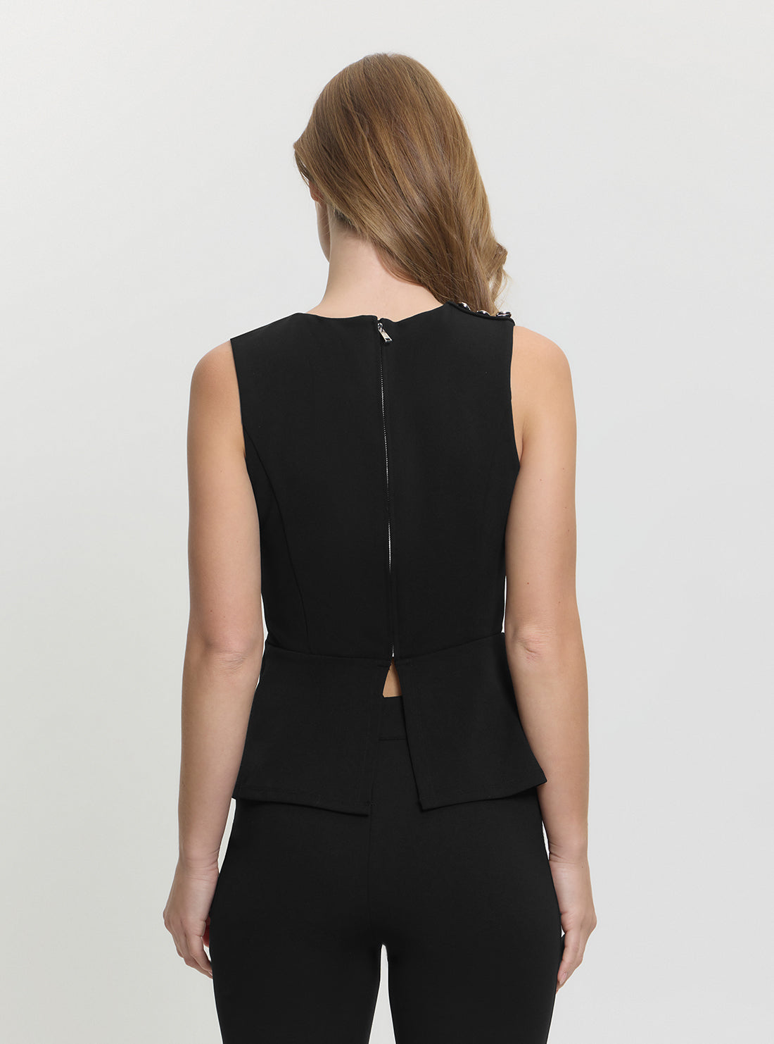 GUESS Womens Black Sleeveless Ambre Peplum Top W5GP54KCBO2 Back View