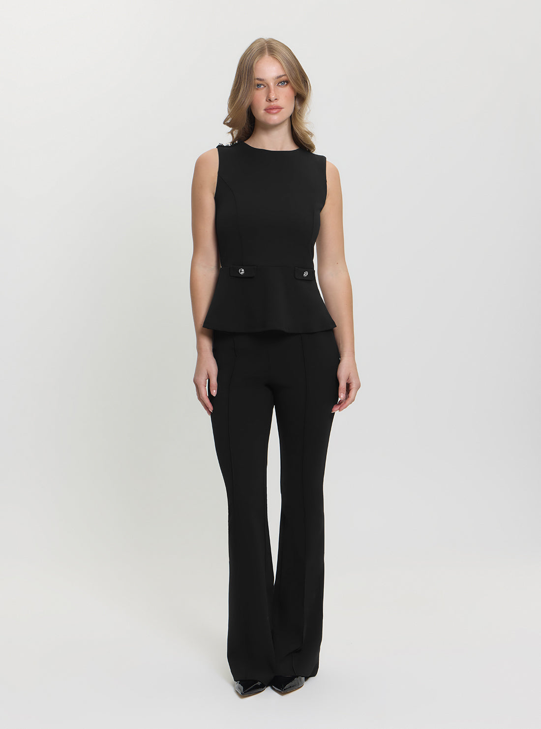 GUESS Womens Black Sleeveless Ambre Peplum Top W5GP54KCBO2 Full View