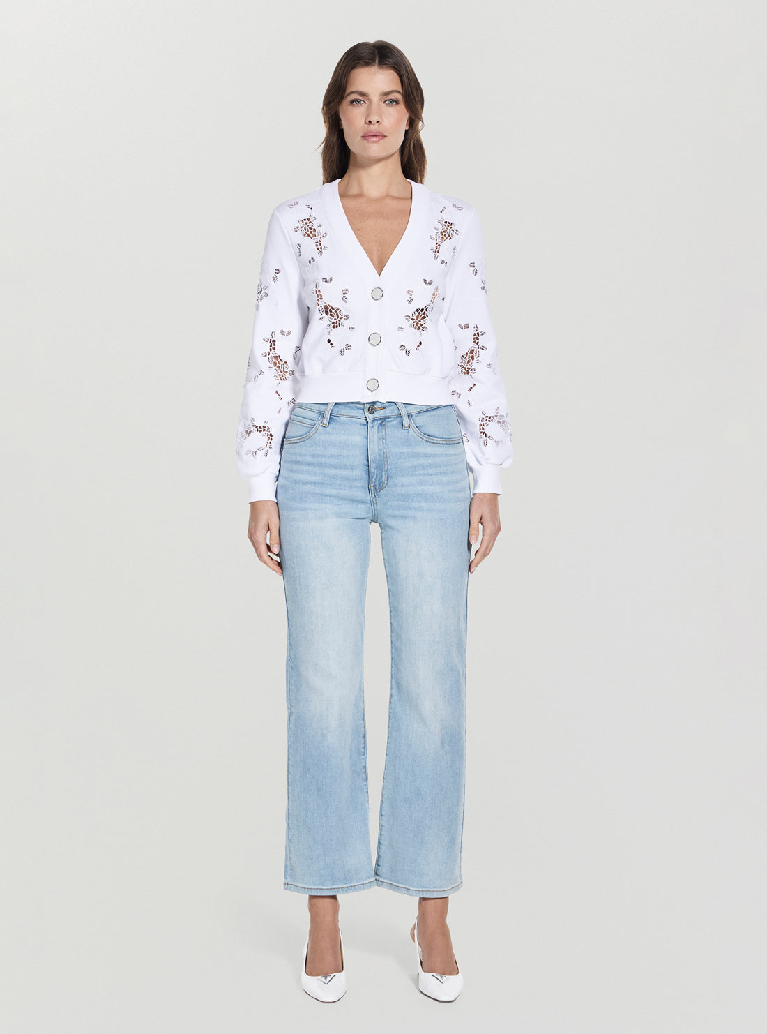 GUESS Womens White Cut-Out Fleece Cardigan W5GQ11KCWY1 Full View_2