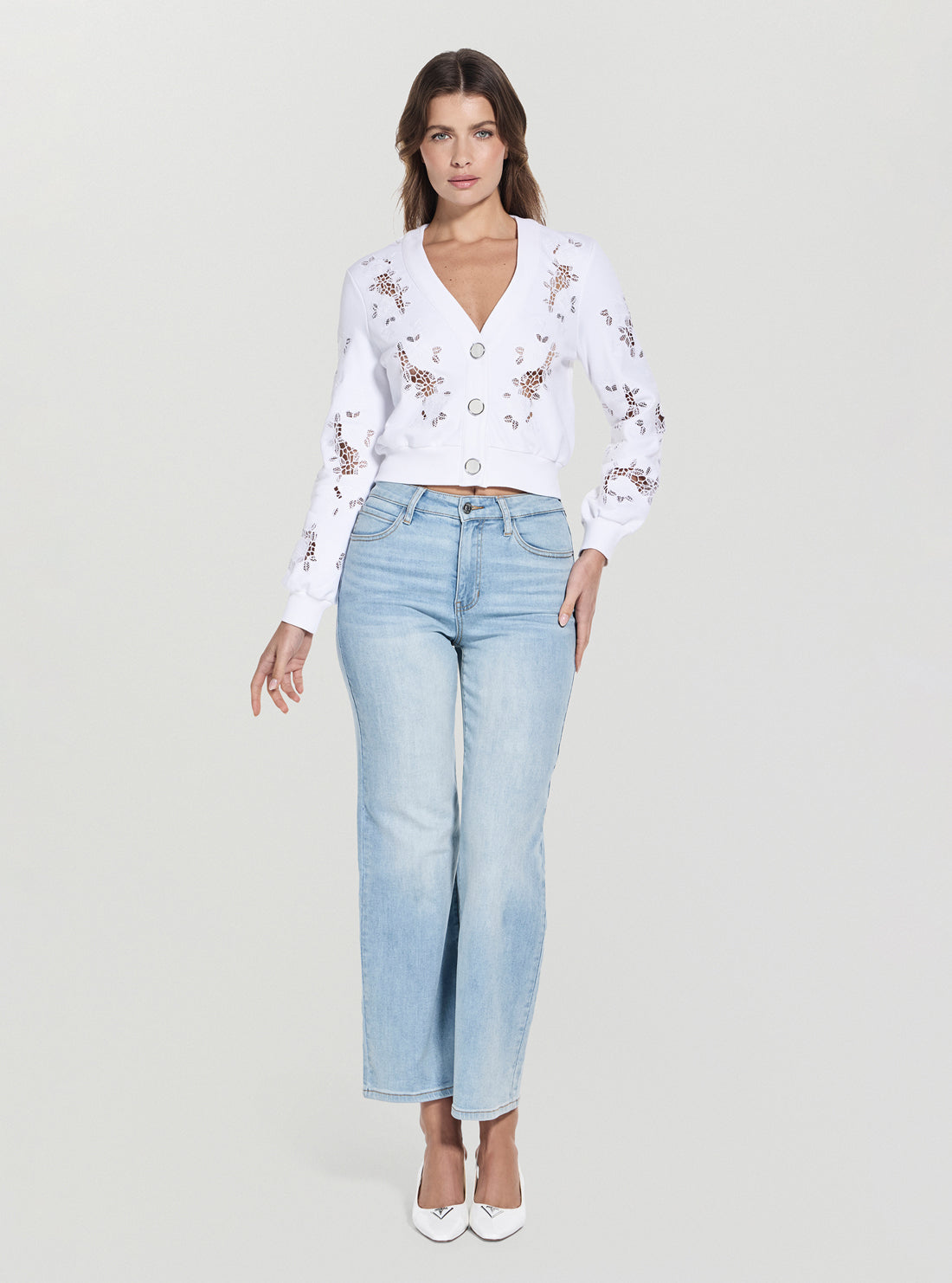 GUESS Womens White Cut-Out Fleece Cardigan W5GQ11KCWY1 Full View