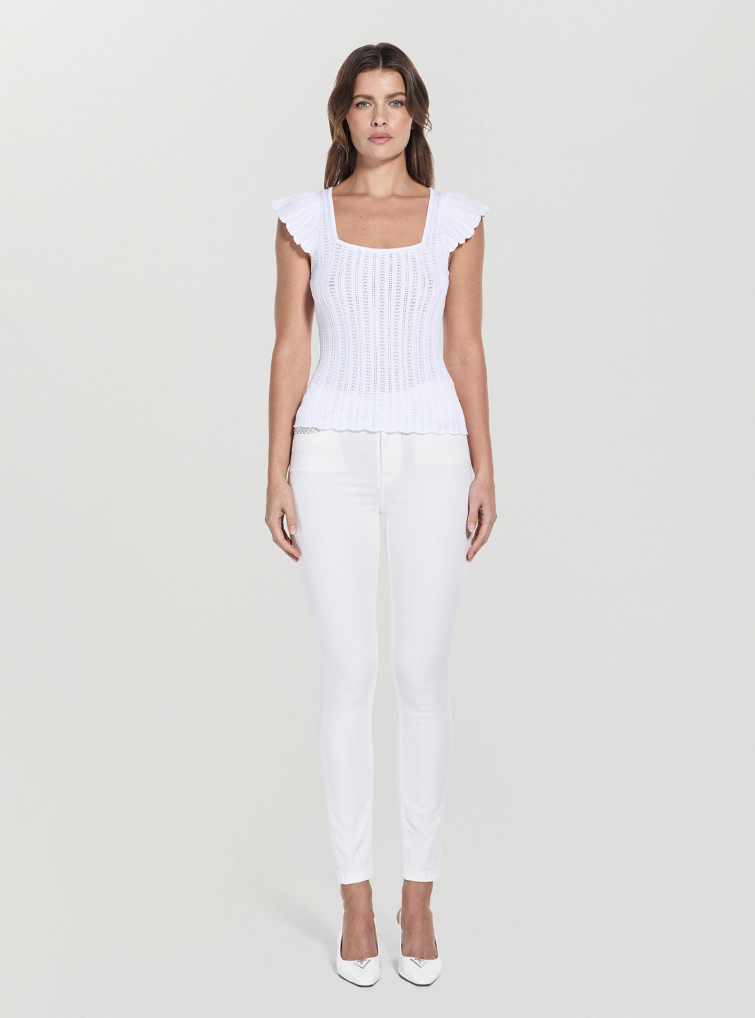 GUESS Womens White Pointelle Laurel Sweater W5GR30Z30Y2 Full View_2