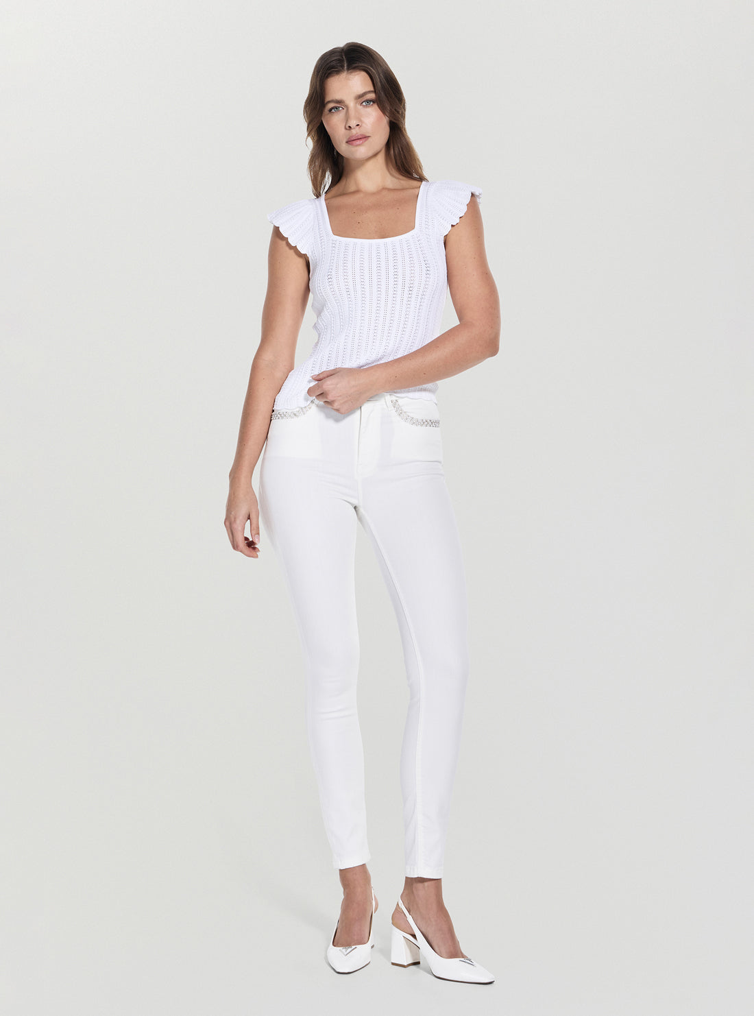 GUESS Womens White Pointelle Laurel Sweater W5GR30Z30Y2 Full View