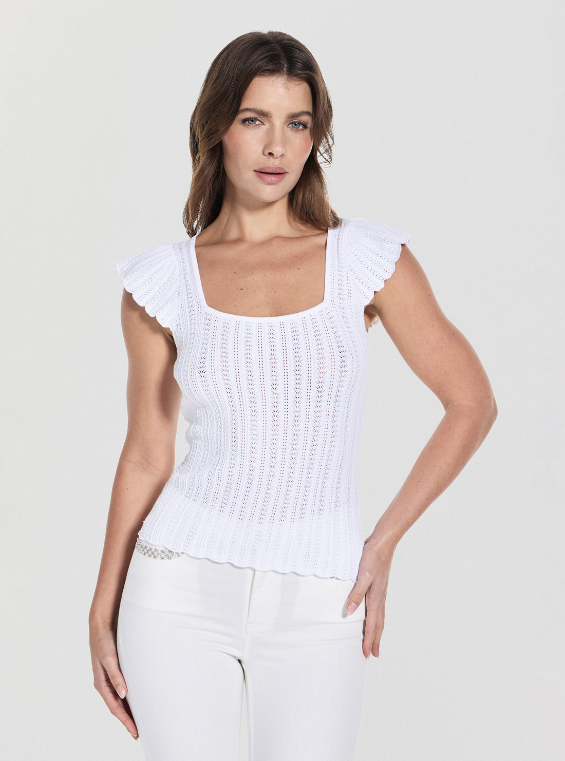 GUESS Womens White Pointelle Laurel Sweater W5GR30Z30Y2 Front View