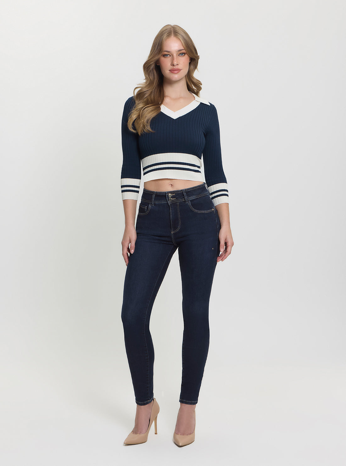 GUESS Womens Blackened Blue Sydney Polo Sweater W5GR46Z3L10 Full View