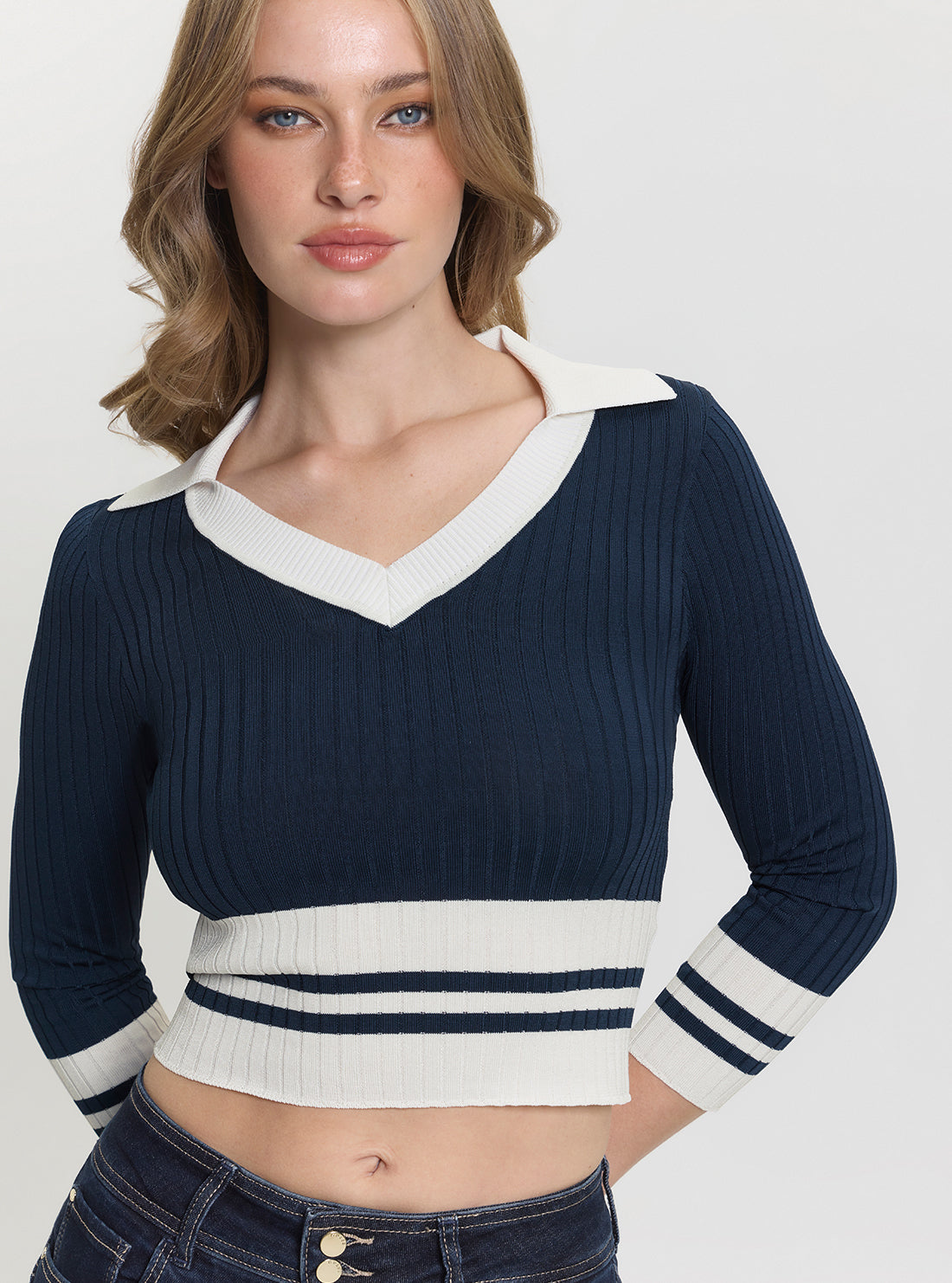 GUESS Womens Blackened Blue Sydney Polo Sweater W5GR46Z3L10 Detail View