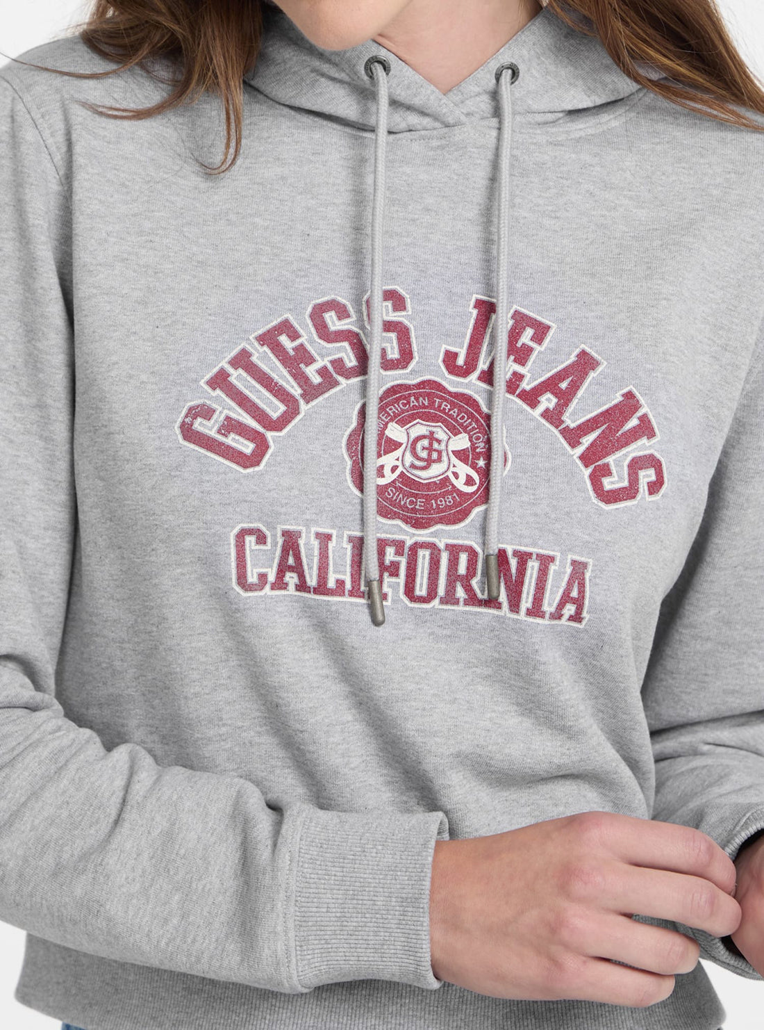 Guess Jeans Grey Crop Hood Print Sweatshirt