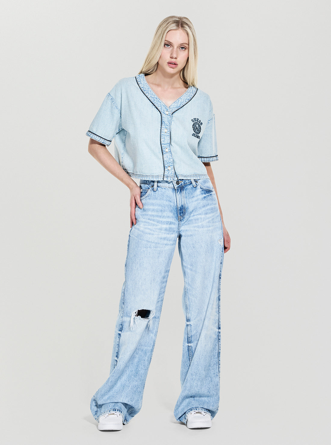 Guess Jeans Eco Cropped Baseball Denim Shirt W5YH0WD5M83 Full View