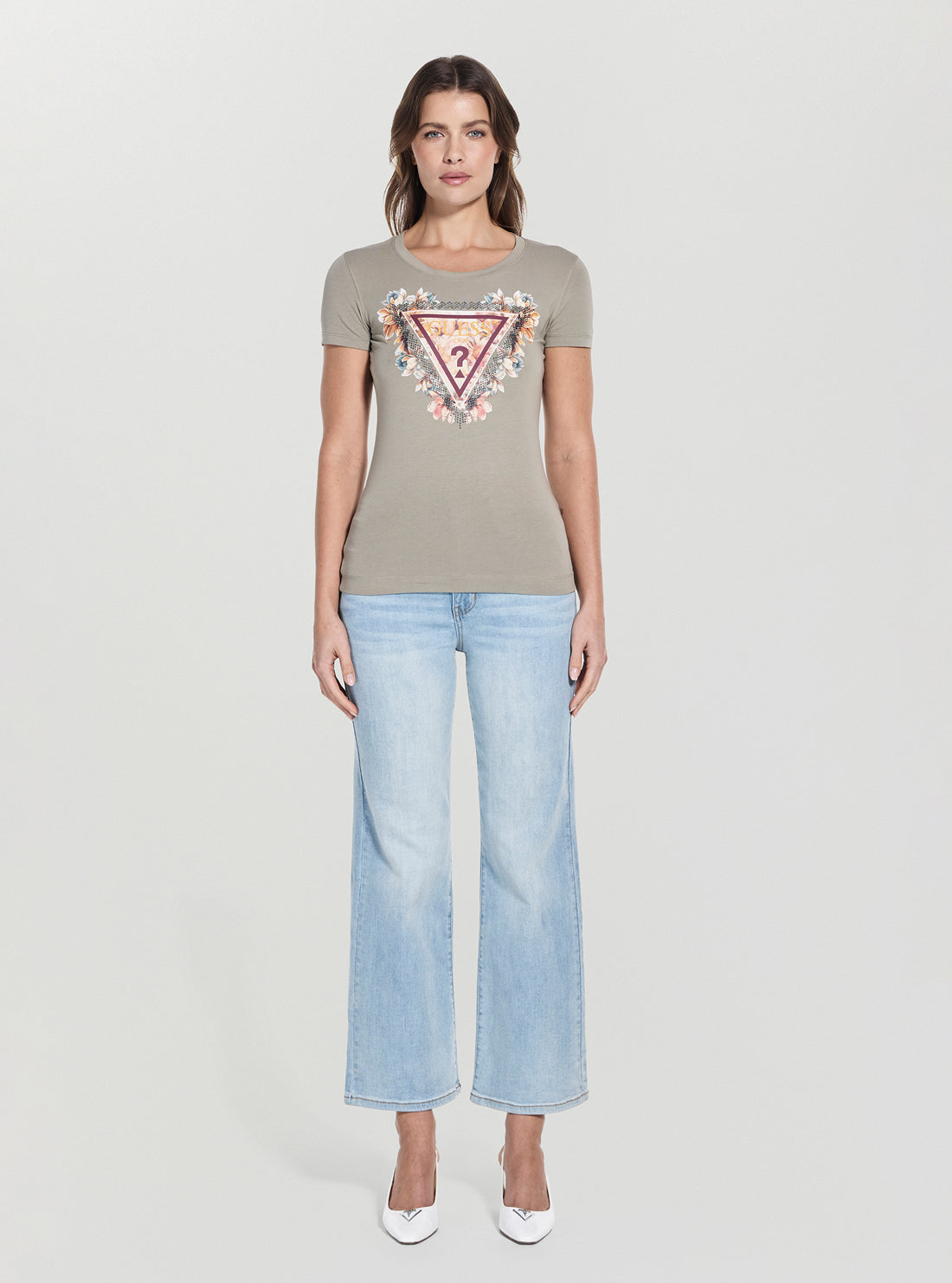 GUESS Womens Green Triangle Flowers T-Shirt W5YI08J1314 Full View