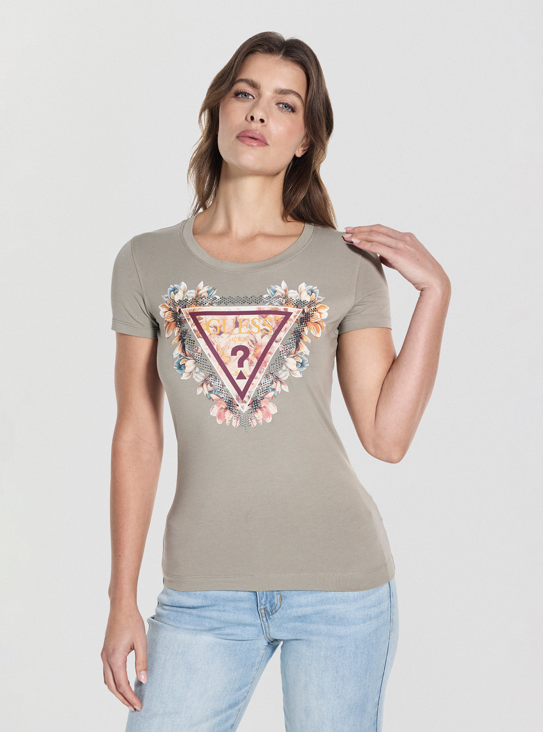GUESS Womens Green Triangle Flowers T-Shirt W5YI08J1314 Front View