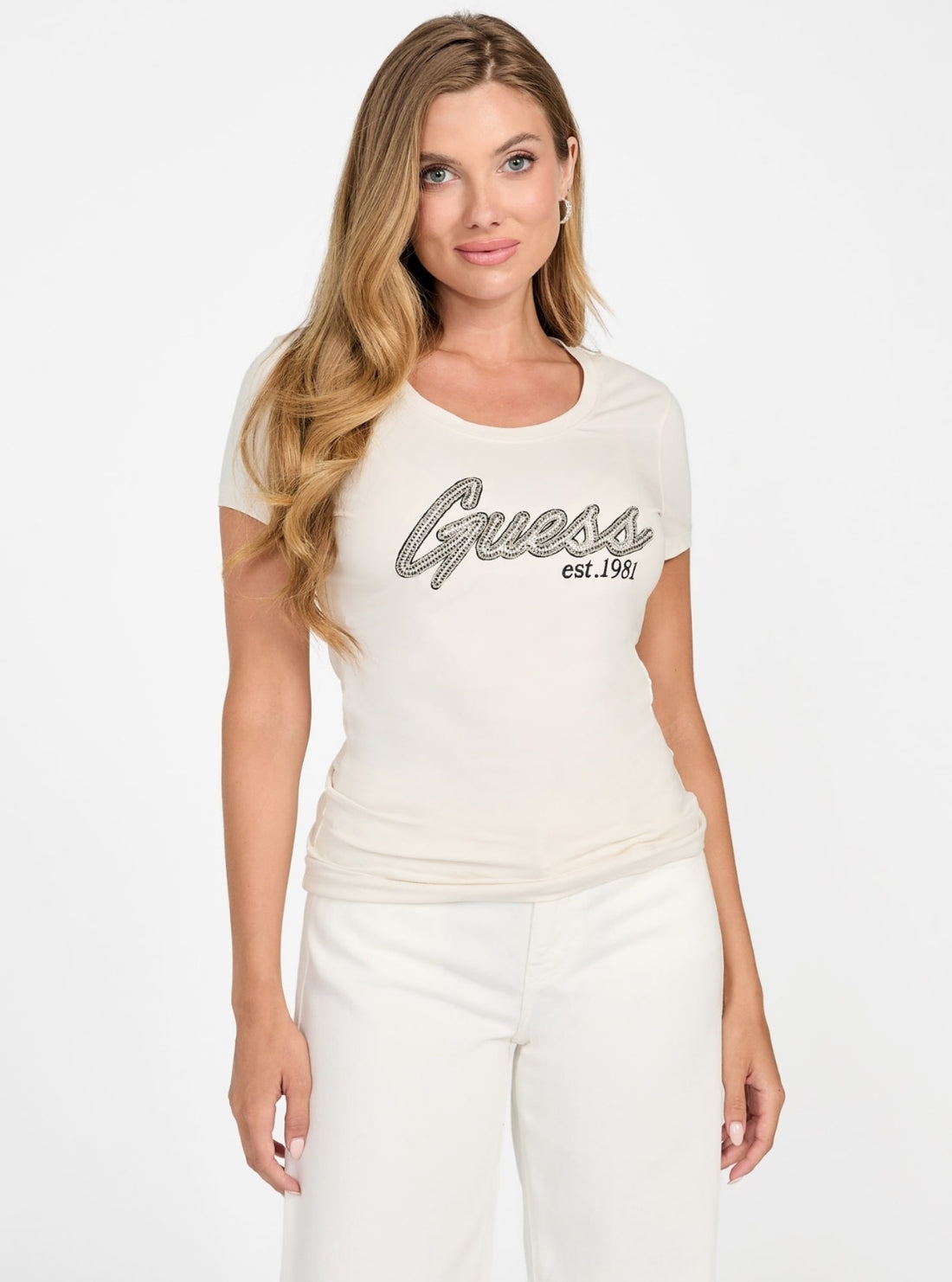 GUESS Womens White Logo Hot Fix T-Shirt W5YI16J1314 Front View