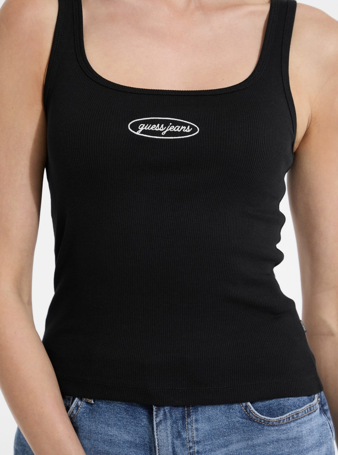 Guess Jeans Black Slim Rib Tank Top W5YP35KA0H1 Detail View