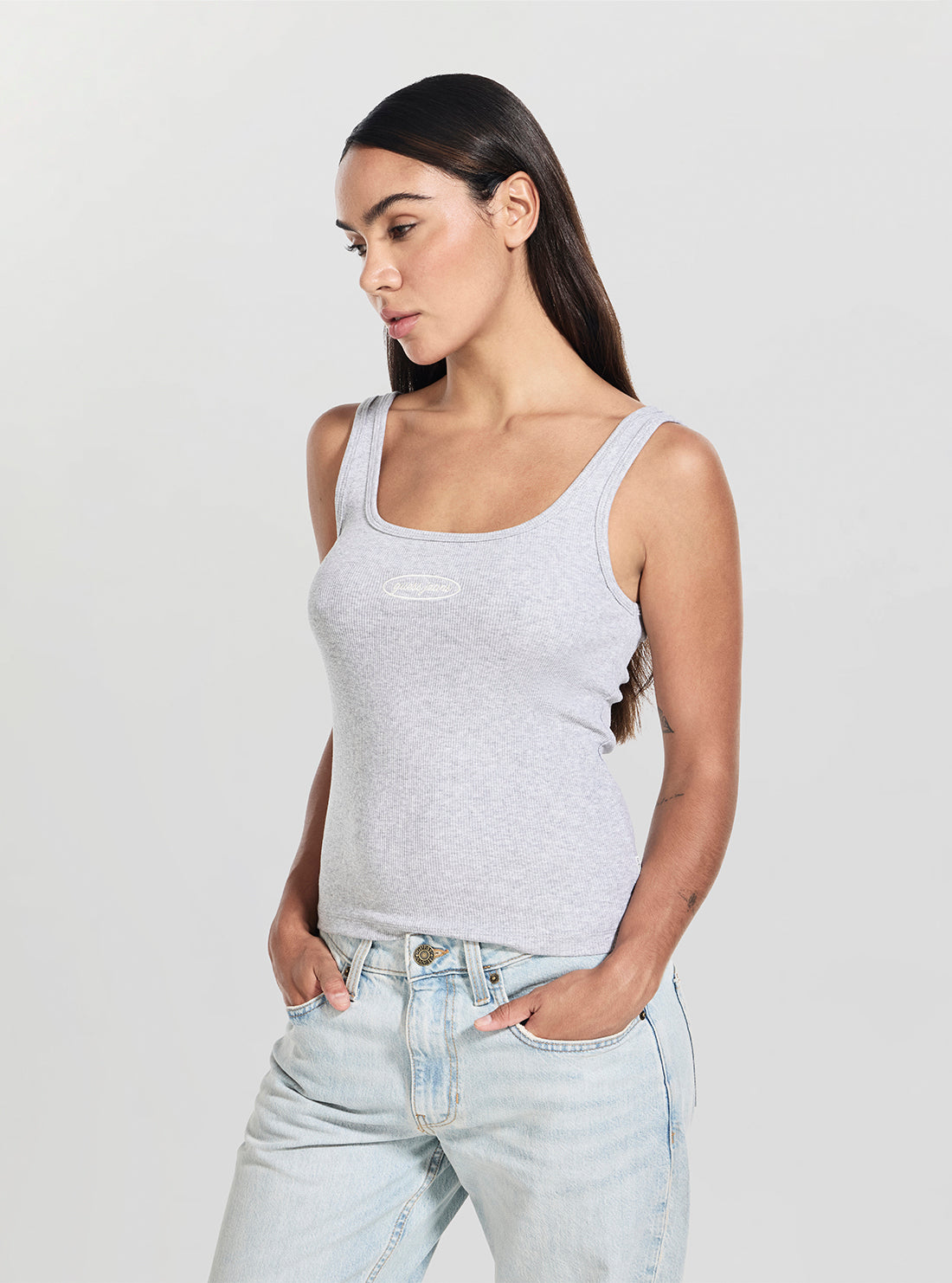 Guess Jeans Grey Embroidered Logo Tank Top W5YP35KA0H1 Front Side View