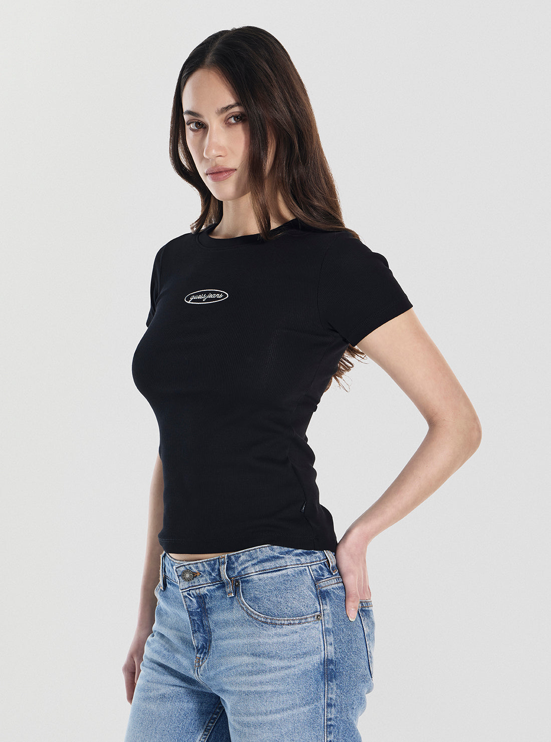 Guess Jeans Black Embroidered Slim T-Shirt W5YP37KA0H1  Front Side View