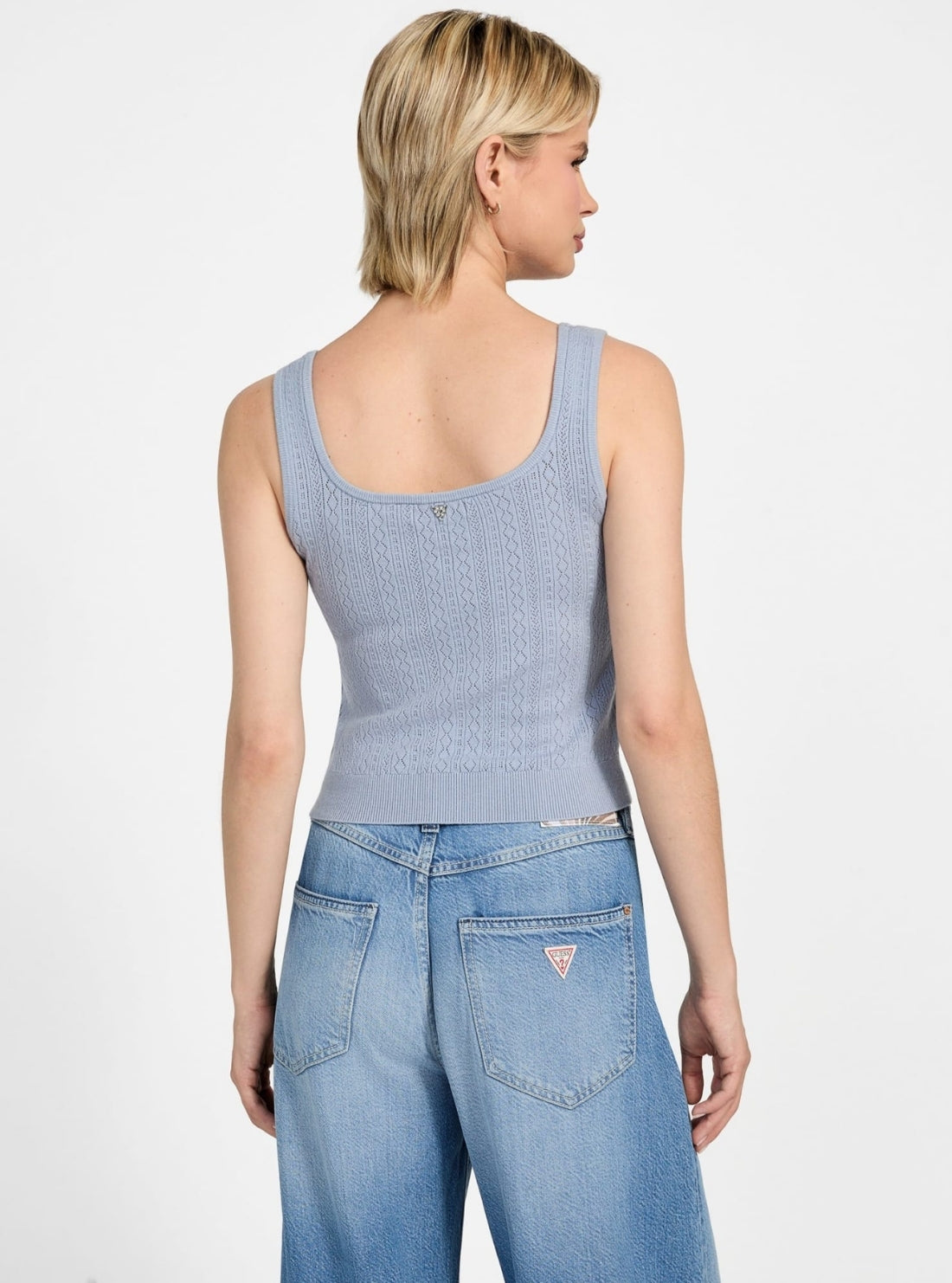 GUESS Womens Eco Blue Lyla Sweater Tank Top W5YR02Z2ZK2  Back View