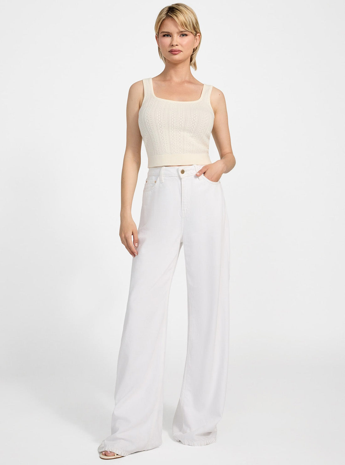 GUESS Womens Eco White Lyla Sweater Tank Top W5YR02Z2ZK2 Full View