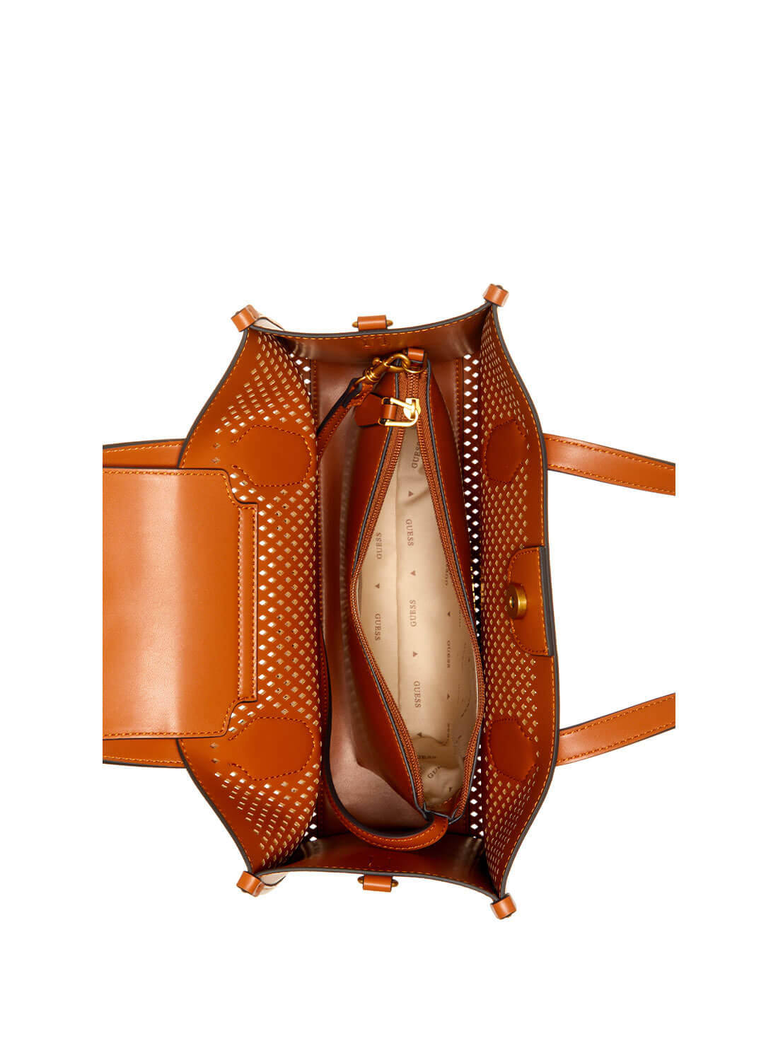 Cognac Brown Katey Small Tote Bag | GUESS Women's Handbags | inside view