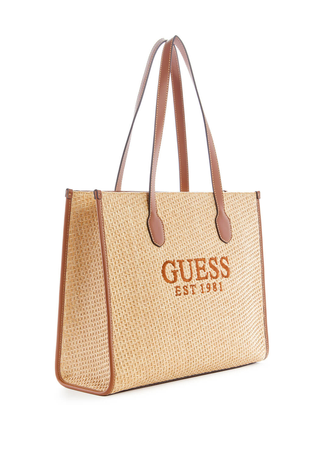 Cognac Brown and Natural Silvana Tote Bag | GUESS Women's Handbags | side view
