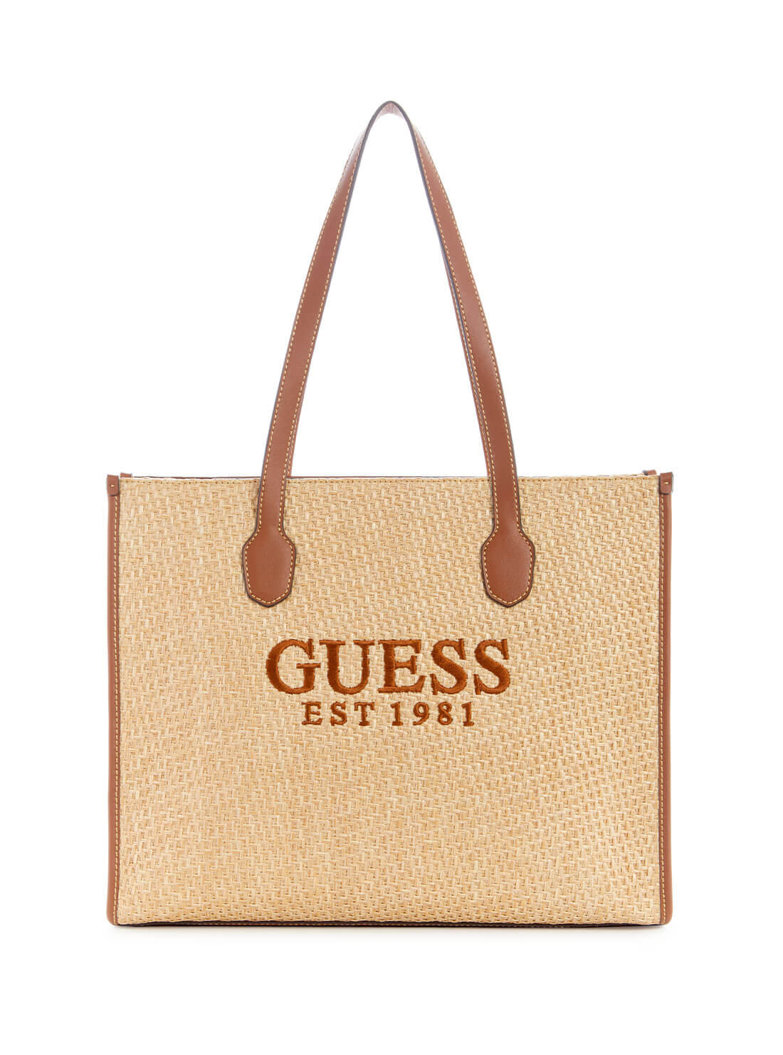 Cognac Brown and Natural Silvana Tote Bag | GUESS Women's Handbags | front view