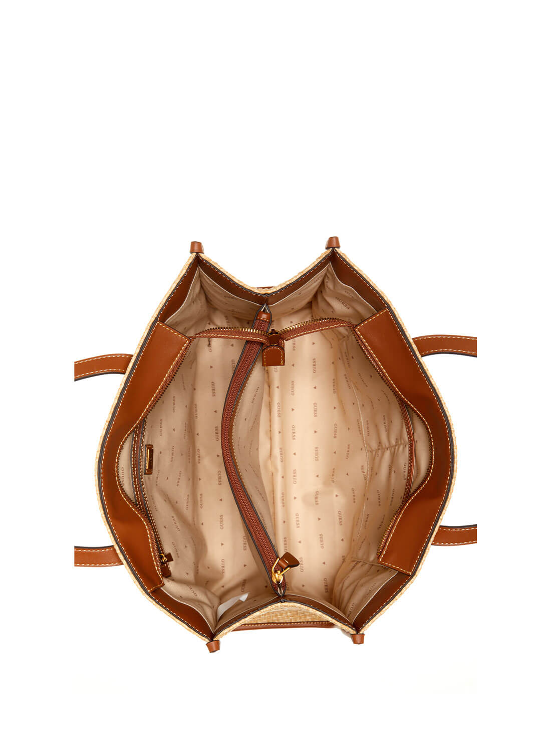 Cognac Brown and Natural Silvana Tote Bag | GUESS Women's Handbags | inside view