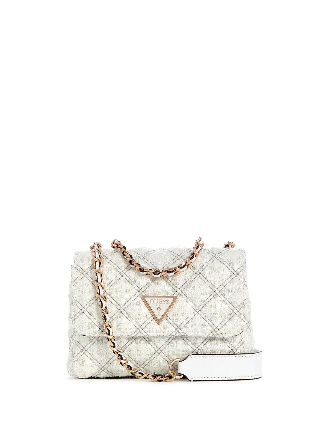 GUESS White Tweed Giully Mini Crossbody Bag front view