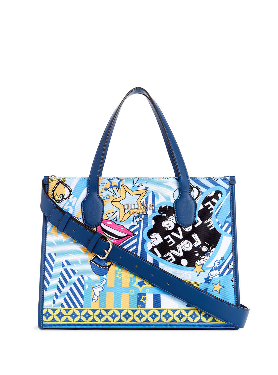 Blue Graphic Silvana Small Tote Bag | GUESS Women's Handbags | front view