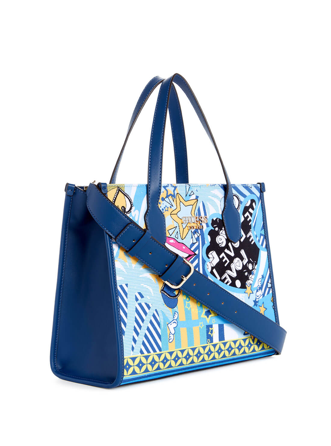 Blue Graphic Silvana Small Tote Bag | GUESS Women's Handbags | side view