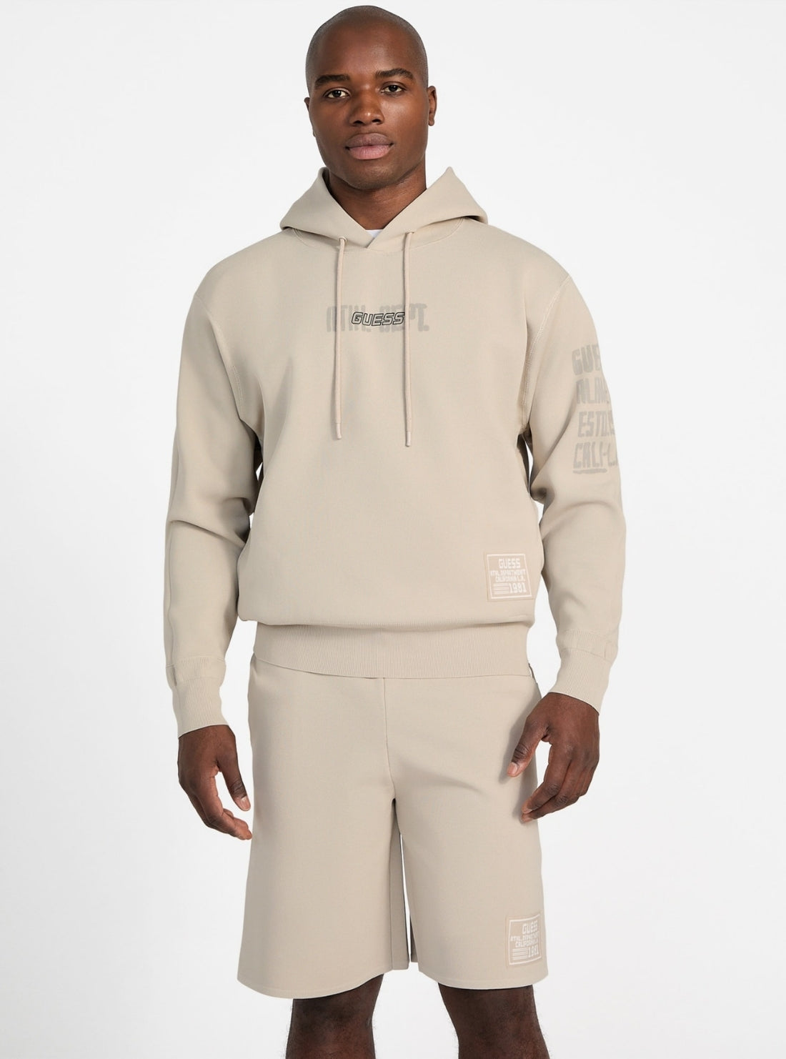 GUESS Mens Eco Beige Midho Hooded Active Sweatshirt Z5GQ07Z2Q42 Front View