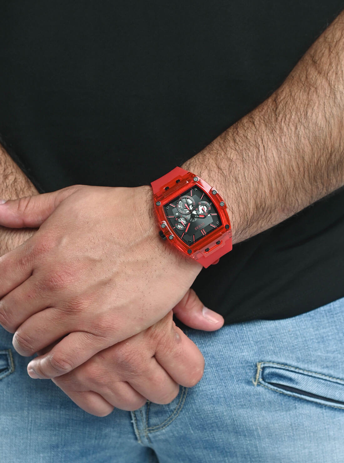 Red Phoenix Transparent Silicone Watch | GUESS Men's Watches | model view