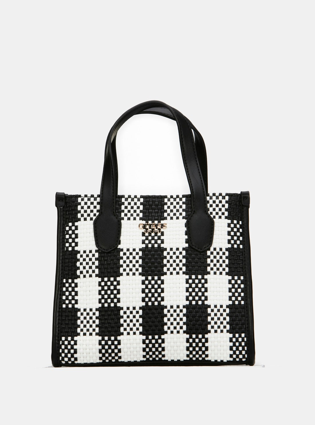 GUESS Black White Silvana Mini Tote Bag front view