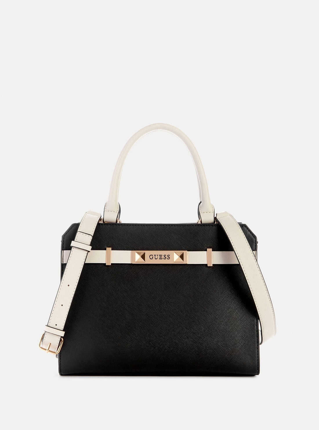 GUESS Cream Black Dory Satchel Bag front view