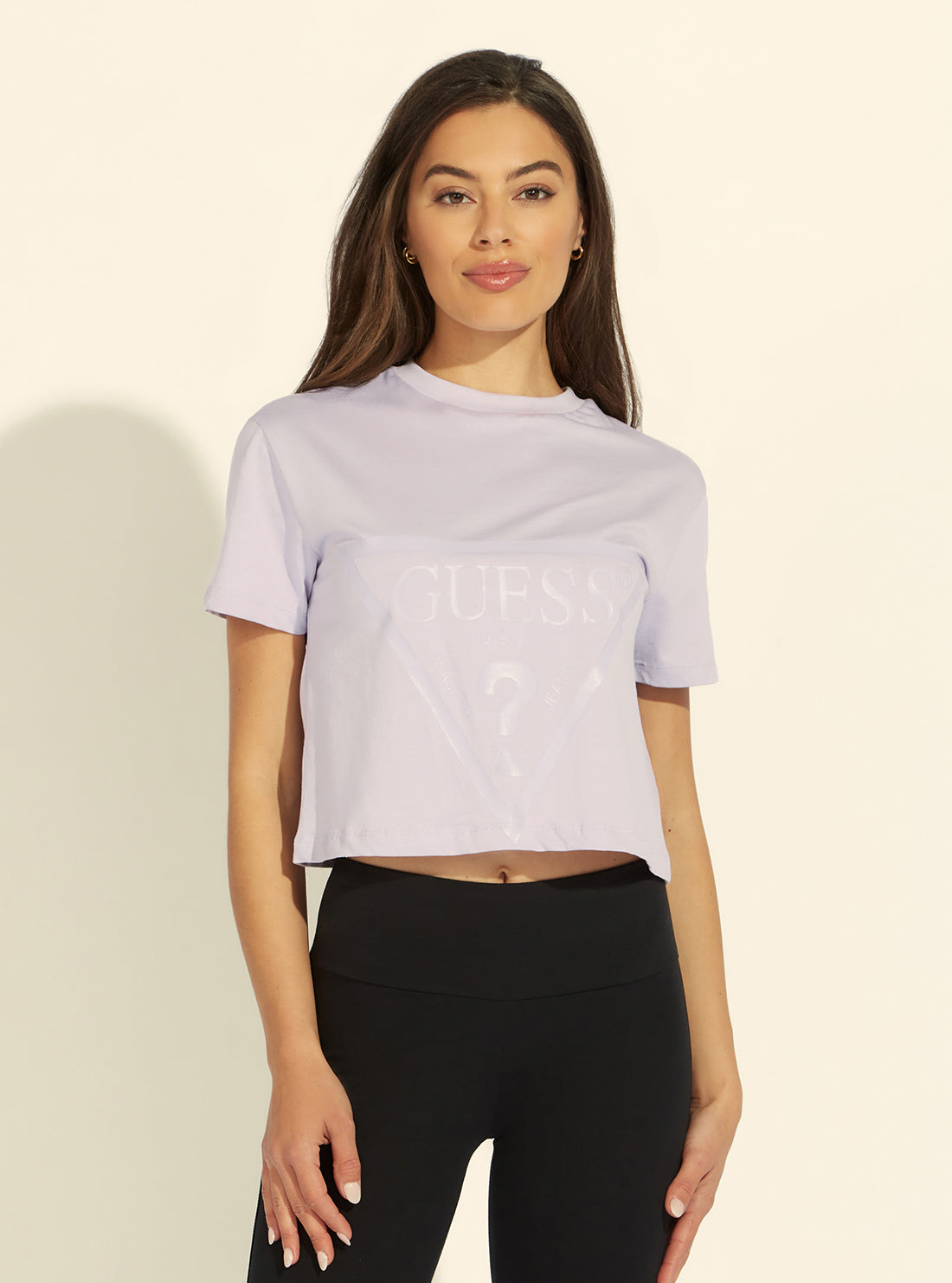 GUESS Womens Eco Lilac Purple Adele Logo Crop T-Shirt front view