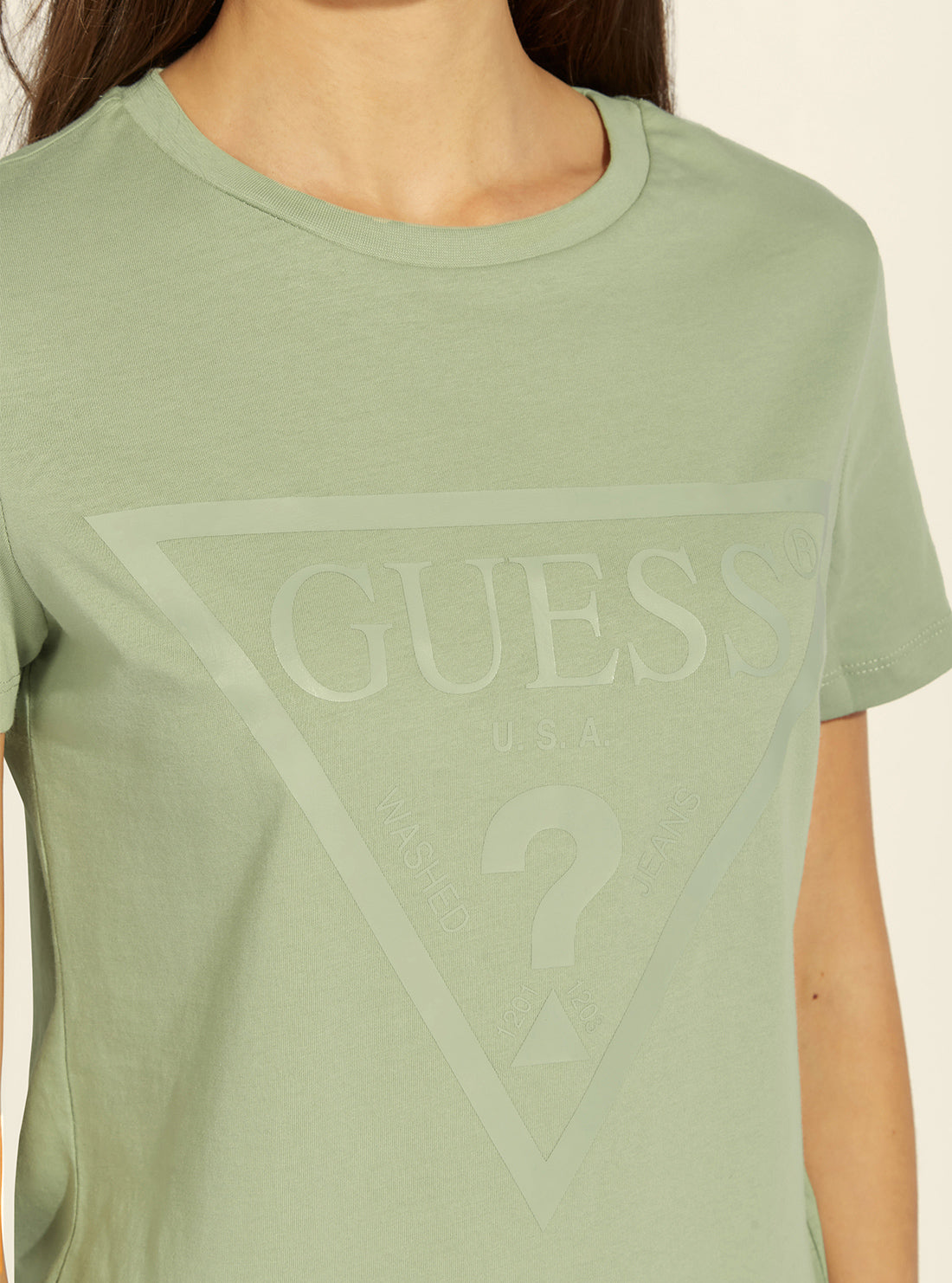 guess womens Eco Green Adele Triangle Logo T-Shirt detail view