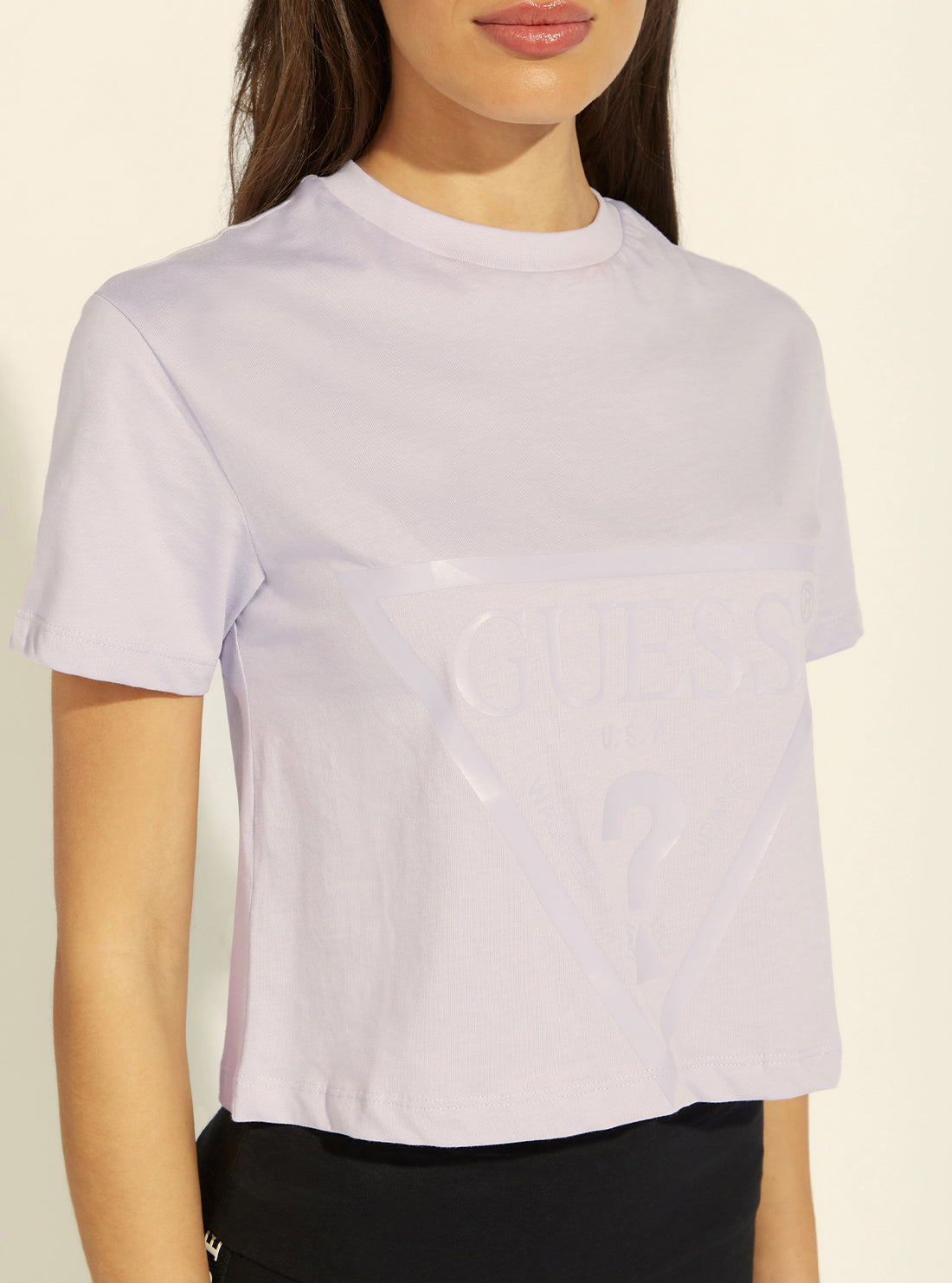 GUESS Womens Eco Lilac Purple Adele Logo Crop T-Shirt detail view