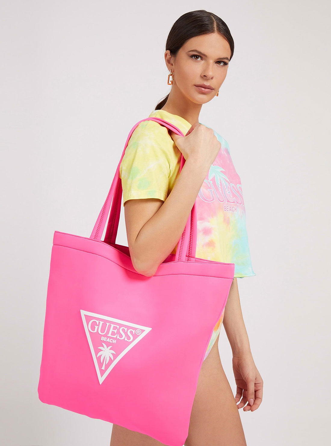 GUESS Women's Pink Logo Beach Scuba Tote Bag E2GZ06KB2C0 Model View