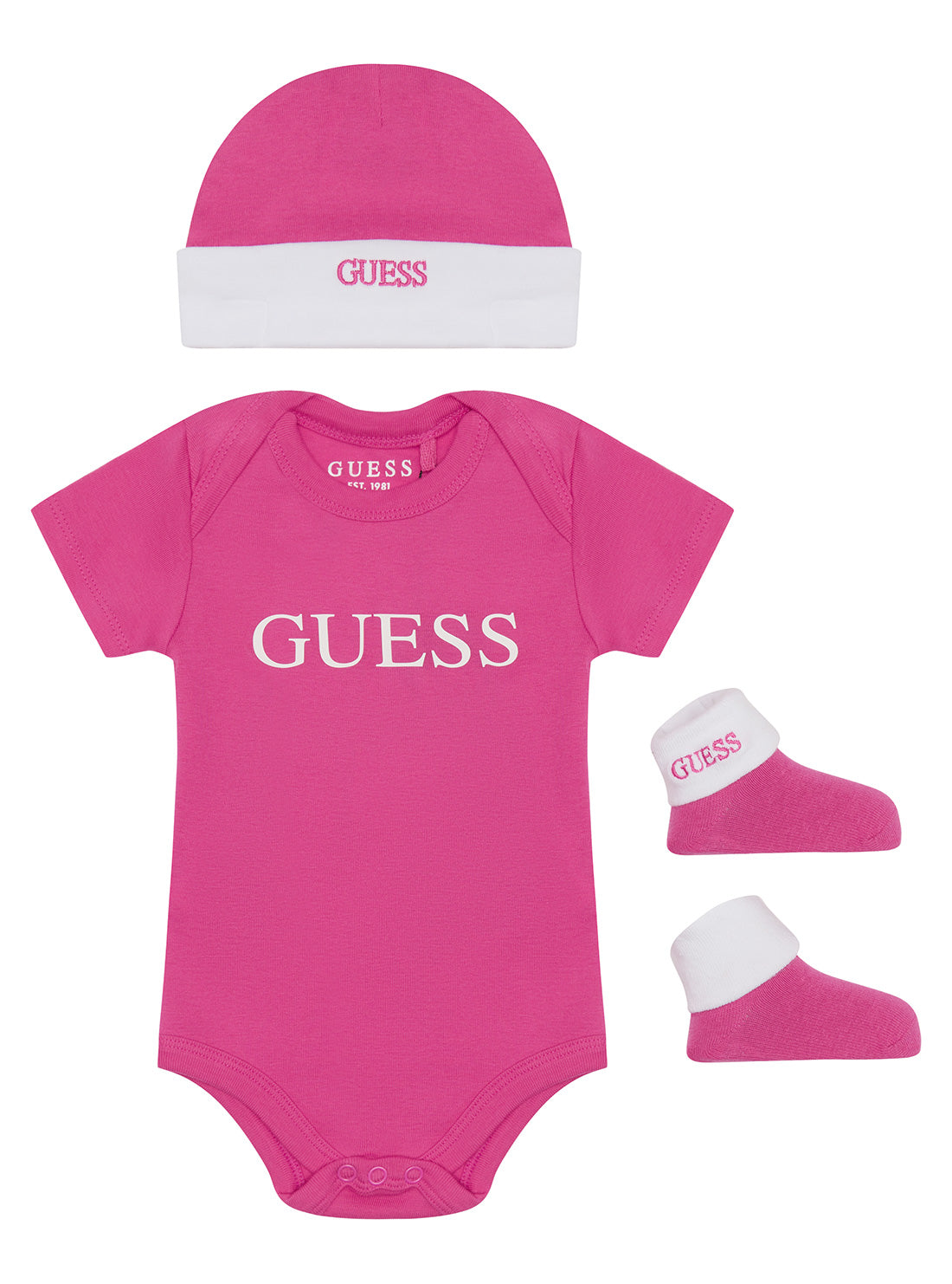 GUESS Baby Girl Pink Logo Bodysuit Hat And Socks 3-Piece Set (3-12m) H2GW07KB6A0 Front View